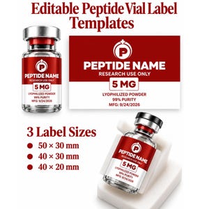 Puede incluir: Plantillas de etiquetas editables para viales de péptidos en rojo y blanco con el texto Peptide Name, Research Use Only, 5 MG, Lyophilized Powder, 99% Purity y MFG: 9/24/2026. Incluye tres tamaños de etiqueta: 50 x 30 mm, 40 x 30 mm y 40 x 20 mm.