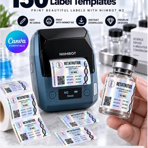 May include: A blue Niimbot M2 label printer with a roll of holographic peptide vial labels. A glass vial with a matching label is shown. Text includes 150 Editable Peptide Vial Label Templates, Retatrutide, 10 MG, and sizes 50x30mm, 40x30mm, 40x20mm.