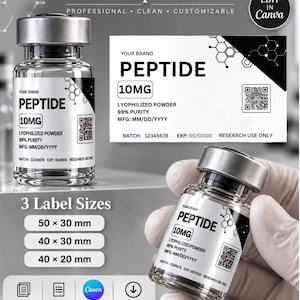 Editable Peptide Vial Labels | Canva Template | NIIMBOT Compatible | 3 Sizes 40x20 40x30 50x30 mm | Minimal Research Label, Digital Download