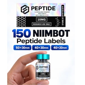 May include: A set of 150 Niimbot peptide labels featuring a holographic finish. The labels display the text PEPTIDE, LYOPHILIZED POWDER, 99% PURITY, 10MG, and RESEARCH USE ONLY. Available in 50x30mm, 40x30mm, and 40x20mm sizes for small vials.