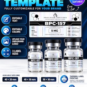 Może przedstawiać: Cyfrowy szablon etykiet na fiolki z peptydami z tekstem BPC-157, 5 MG oraz Precision Peptides Research Solutions. Grafika przedstawia trzy przezroczyste szklane fiolki z czarnymi nakrętkami i białymi etykietami oraz opcje edycji tekstu, kolorów i logo.