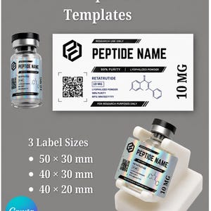 May include: Editable peptide vial label templates featuring a white rectangular label with black text, a QR code, a chemical structure, and the text Retatrutide 10 mg. Includes three label sizes: 50 x 30 mm, 40 x 30 mm, and 40 x 20 mm.