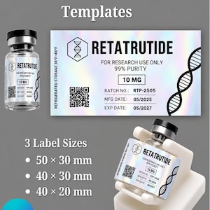 Puede incluir: Plantillas de etiquetas editables para viales de péptidos con el texto RETATRUTIDE, FOR RESEARCH USE ONLY, 99% PURITY, 10 MG, BATCH NO. RTP-2505, MFG DATE 05/2025, EXP DATE 05/2027 y REFRIGERATED STORAGE 36°F-46°F. Tres tamaños: 50x30mm, 40x30mm, 40x20mm.