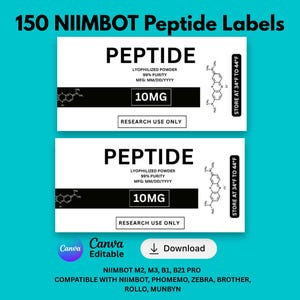 Puede incluir: Un conjunto de 150 etiquetas rectangulares blancas Niimbot para péptidos con texto negro que dice PEPTIDE, LYOPHILIZED POWDER, 99% PURITY, 10MG, RESEARCH USE ONLY y STORE AT 34°F TO 44°F, junto con diagramas de estructuras químicas y Canva.