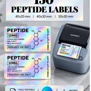 May include: A set of 150 holographic peptide labels in 40x20 mm, 40x30 mm, and 50x30 mm sizes. The labels feature black text including PEPTIDE, 10MG, LYOPHILIZED POWDER, 99% PURITY, MFG: MM/DD/YYYY, RESEARCH USE ONLY, and a chemical structure diagram.