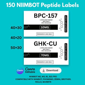 May include: A set of 150 Niimbot peptide labels featuring two white rectangular designs with black text. The labels display BPC-157 and GHK-CU, including details like lyophilized powder, 99% purity, 10mg or 70mg, and research use only text.