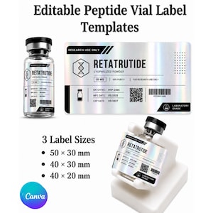 Könnte beinhalten: Bearbeitbare Etikettenvorlagen für Peptid-Fläschchen mit holografischem Finish und schwarzem Text. Die Etiketten zeigen RETATRUTIDE, LYOPHILIZED POWDER, 10 MG, 99% PURITY, BATCH NO: RTP-2505, MFG DATE: 05/2025, EXP DATE: 05/2027 und einen QR-Code.