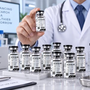 May include: A collection of clear glass vials with silver caps, each featuring a white label printed with the text RETATRUTIDE, LYOPOHILIZED POWDER, and various batch details. The vials are arranged on a white surface in a laboratory setting.