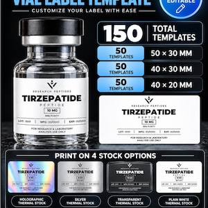 Puede incluir: Un conjunto de plantillas editables para etiquetas de viales de péptidos con 150 diseños en tamaños de 50x30mm, 40x30mm y 40x20mm. Las etiquetas muestran el texto Tirzepatide 10mg y son compatibles con opciones de papel térmico holográfico, plateado, transparente y blanco.