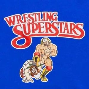 Pode incluir: Uma t-shirt azul brilhante com o texto vermelho Wrestling Superstars em fonte negrito. Abaixo do texto, há uma ilustração gráfica de dois lutadores musculosos em uma pegada, um deles usando botas amarelas e joelheiras vermelhas.