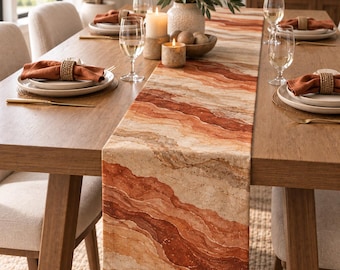 Terracotta Marble Table Runner, Rustic Modern Dining Table Decor, Earthy Orange Stone Pattern, Neutral Boho Farmhouse Centerpiece