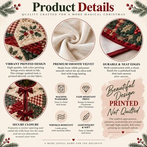 May include: A Christmas tree skirt product information graphic featuring a printed holly and plaid design on smooth velvet fabric. It highlights features including a secure closure with red velvet bow ties, machine washable material, and fade-resistant print.