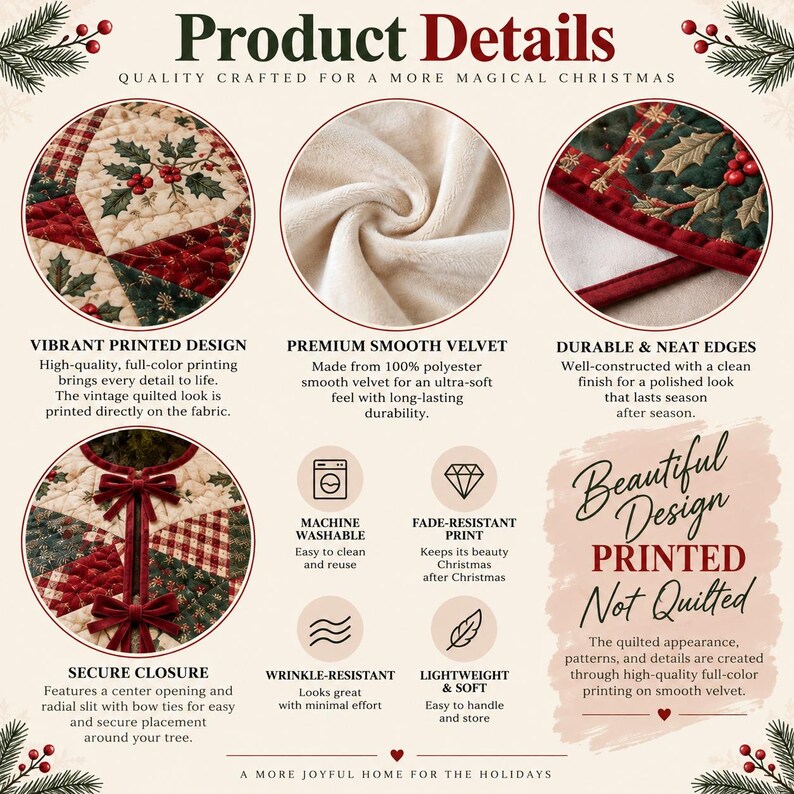 May include: A Christmas tree skirt product information graphic featuring a printed holly and plaid design on smooth velvet fabric. It highlights features including a secure closure with red velvet bow ties, machine washable material, and fade-resistant print.