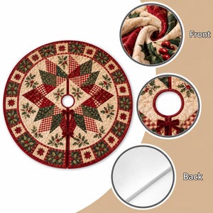 May include: A circular quilted Christmas tree skirt featuring a star pattern in red, green, and cream. The design includes holly leaf and berry motifs, a central opening, and two red velvet bows for closure. The back is a plain white fabric.