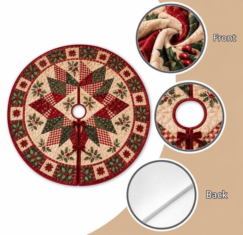 May include: A circular quilted Christmas tree skirt featuring a star pattern in red, green, and cream. The design includes holly leaf and berry motifs, a central opening, and two red velvet bows for closure. The back is a plain white fabric.