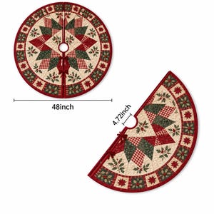 May include: A round quilted Christmas tree skirt featuring a star pattern in red, dark green, and cream with holly leaf accents. The full skirt measures 48 inches in diameter with a 4.72-inch center opening, shown both fully closed and partially open.