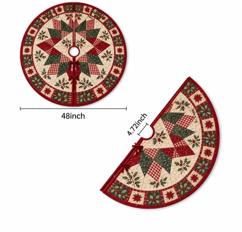 May include: A round quilted Christmas tree skirt featuring a star pattern in red, dark green, and cream with holly leaf accents. The full skirt measures 48 inches in diameter with a 4.72-inch center opening, shown both fully closed and partially open.