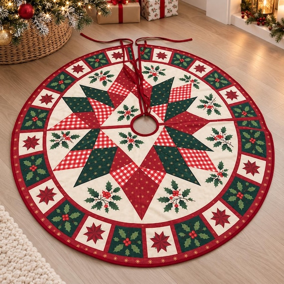 Christmas Tree Skirt, Quilted Patchwork Tree Skirt, Farmhouse Christmas Tree Decor, Red Green Holiday Tree Skirt, Rustic Xmas Decoration