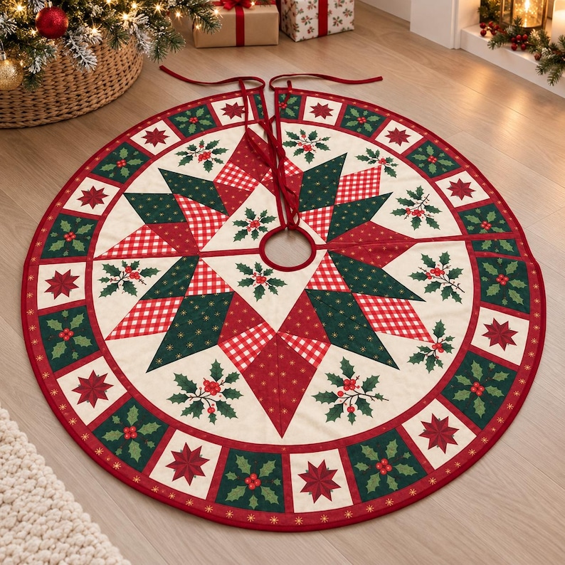 May include: A circular Christmas tree skirt featuring a central star pattern in red, dark green, and white gingham. The design includes holly leaf and berry motifs, a red border, and two red fabric ties at the top for securing the skirt around a tree.
