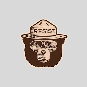 May include: A brown bear head graphic sticker wearing a tan ranger hat with the word RESIST printed on the front. The bear wears sunglasses reflecting a mountain landscape on one side and a desert scene with cacti on the other side.