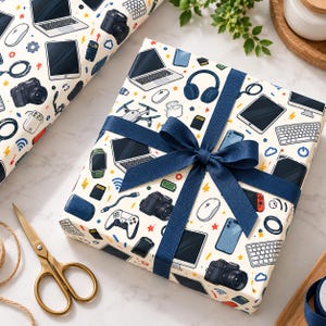 Tech Gadgets Wrapping Paper, Electronics Gift Wrap, Gamer Birthday Gift Paper, Modern Technology Gift Wrapping
