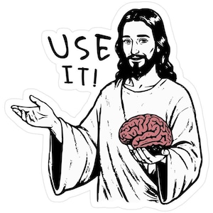 May include: A die-cut sticker featuring a black and white line art illustration of a bearded figure in robes holding a pink human brain in one hand. The figure gestures with the other hand, and the text "USE IT!" is printed in black above.