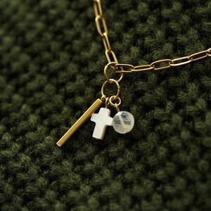 Gold Stainless Steel Charm Cluster Necklace – Paperclip Chain with Natural Gemstones and Shell Cross