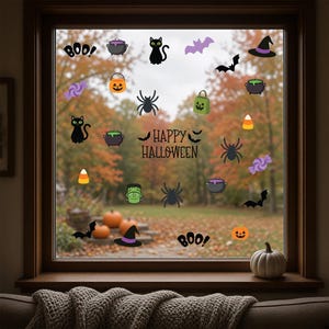 May include: A set of Halloween window decals featuring black cats, spiders, bats, cauldrons, pumpkins, candy corn, witch hats, and the text HAPPY HALLOWEEN. The colorful stickers are arranged on a glass pane with a view of an autumn landscape outside.
