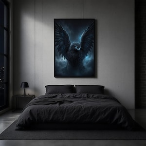 May include: A rectangular wall art print featuring a dark, feathered eagle with glowing blue eyes and wings spread wide against a backdrop of swirling, moody clouds in shades of deep blue, charcoal, and black, displayed in a black frame.
