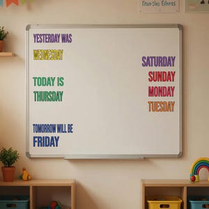 May include: A rectangular white dry-erase board with a silver frame featuring colorful text. The left side displays YESTERDAY WAS WEDNESDAY, TODAY IS THURSDAY, and TOMORROW WILL BE FRIDAY. The right side lists SATURDAY, SUNDAY, MONDAY, and TUESDAY.
