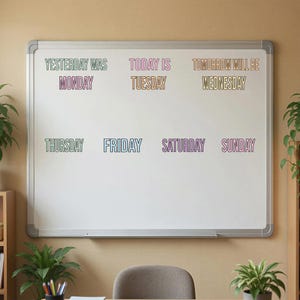 May include: A white dry-erase board featuring colorful text that reads: YESTERDAY WAS MONDAY, TODAY IS TUESDAY, TOMORROW WILL BE WEDNESDAY, THURSDAY, FRIDAY, SATURDAY, and SUNDAY. The board has a silver metal frame and is mounted on a plain wall.