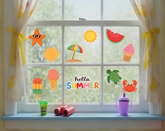 Summer Window Clings Sticker Pack, 31 Beach Decals, Crab Flamingo Palm Tree Static Decal, Kids Room Classroom Decor, Reusable