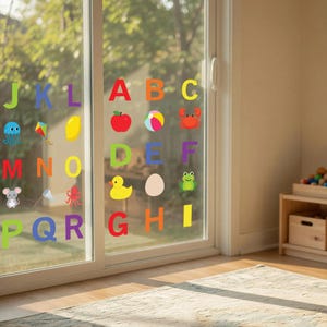 Alphabet Window Clings, 52 Piece ABC Letter and Picture Set, Standard or Large, Reusable Static Cling Decals, Classroom and Playroom Decor