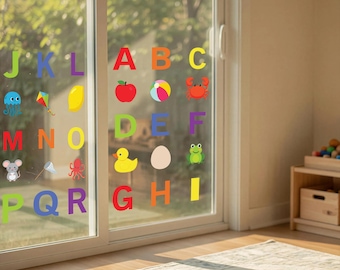 Alphabet Window Clings, 52 Piece ABC Letter and Picture Set, Standard or Large, Reusable Static Cling Decals, Classroom and Playroom Decor