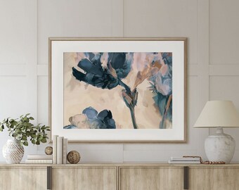 Beach Floral A1 or A2 Art Print, Blue and Beige Landscape Flower, Poster, Modern Floral Art, Giclee