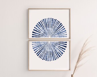 Shibori Burst A3 or A4 Art Print Pair, Abstract Blue Circle Poster, Kids Room, Giclee