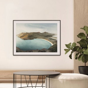 Wineglass Bay Sunrise Landscape Art Print, Tasmaanse strand, Coles Bay, Freycinet, Australische abstracte aquarel, giclee