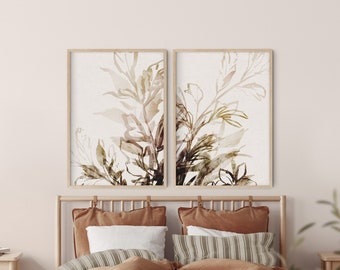 Cottage Foliage A1 or A2 Art Print Pair, Watercolor Beige Floral, Large Giclee Art