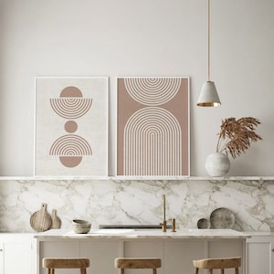 Beige Bögen Abstrakter Kunstdruck-Paar, Leinenstruktur, Bio, Minimalistische Kunstposter-Set, Moderne Abstrakte Kunst, Giclee