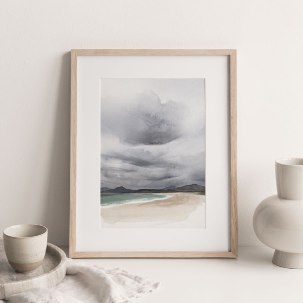 Landscape Summer Storm Beach A3 or A4 Art Print, Tasmanian East Coast Landscape, Beach and Coastal, Australian Modern Abstract Watercolour