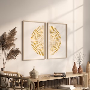 Shibori Sun Burst Art Print Pair, cartel abstracto del círculo amarillo, habitación para niños