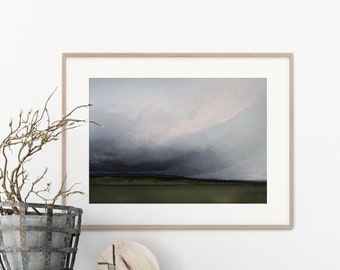 Landscape Esk Lynn Storm A3 or A4 Art Print, Tasmanian Winter Landscape, Farm Fields, Minimalist Modern Abstract, Australian Watercolour Art