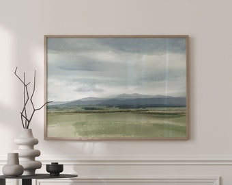 Landscape Ben Lomond Rain A1 or A2 Art Print, Tasmanian Spring Farm Landscape, Australian Mountain Watercolour, Giclee