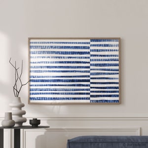 Shibori Stripes Art Print, Abstract Blue Ocean Poster, Blue Sea, Extra Large Print, Giclee