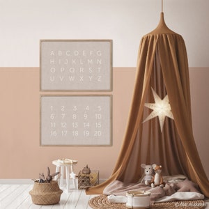 Scandi Alfabeto y/o Números Arte Impresión Par, Cartel ABC, Escandinavo Neutral, Habitación para Niños, Guardería