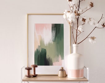 Painted Abstract A3 or A4 Art Print, Green and Blush Paint Design, Modern and Minimal, Giclee