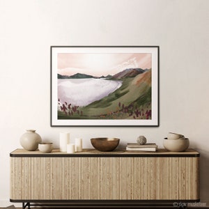 Stampa artistica del paesaggio del lago Wakatipu, paesaggio della Nuova Zelanda, astratto moderno minimalista, arte dell&#39;acquerello di Queenstown, giclée