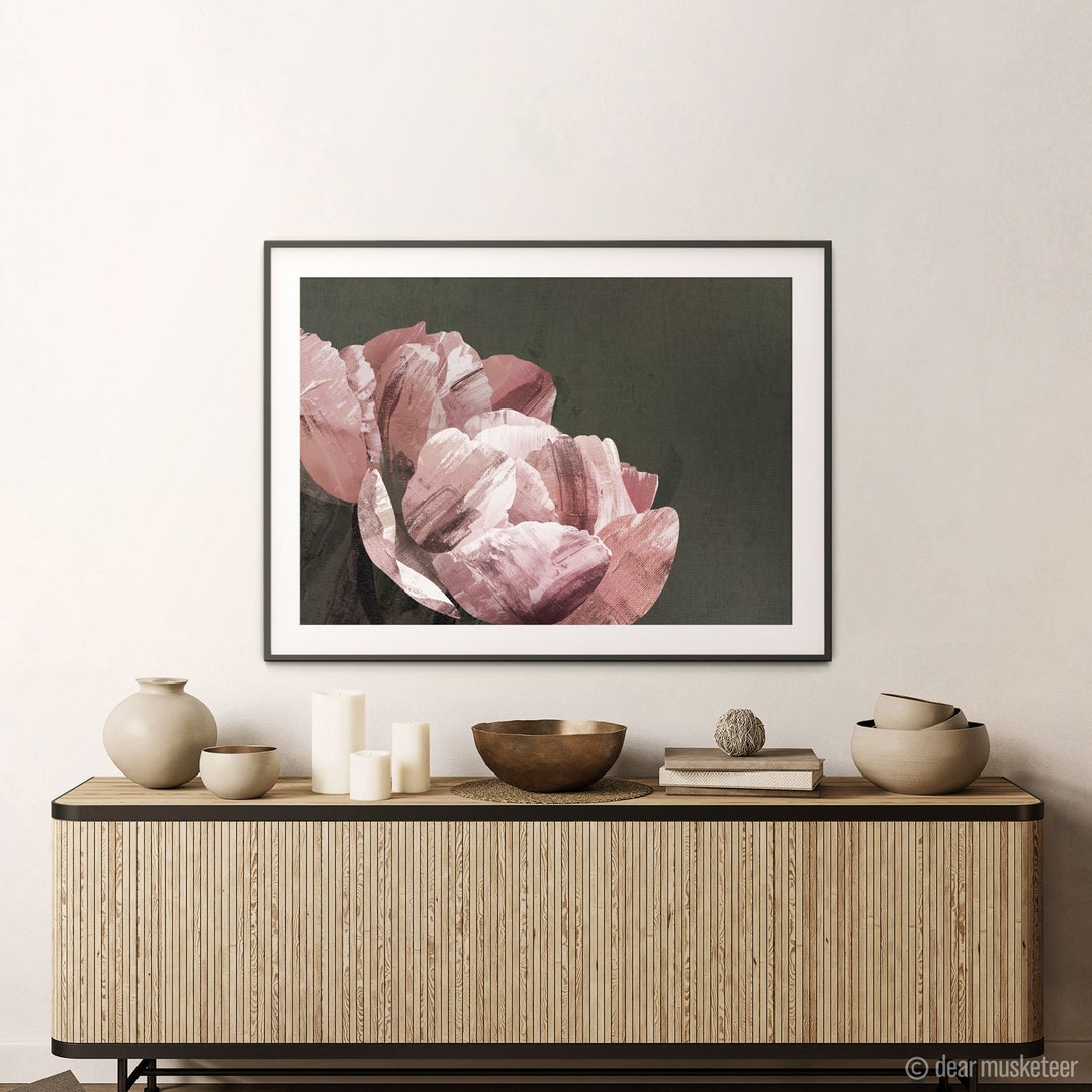 Dark Peony Print, Pink Flower Art, Forest Green Floral Print, Botanical ...
