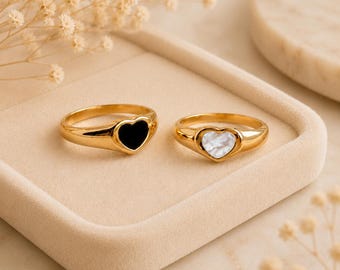 Heart Ring, Black Onyx Ring, Pearl Ring, Gold Ring, Signet Ring, Minimalist Dainty Ring, Stacking Ring, 18K Gold Plated Jewelry Gift for Her