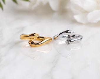 Hug Hands Ring, Gold and Silver Open Wrap Ring, Adjustable Hug Ring, Minimalist Embrace Ring, Unique Gift for Her